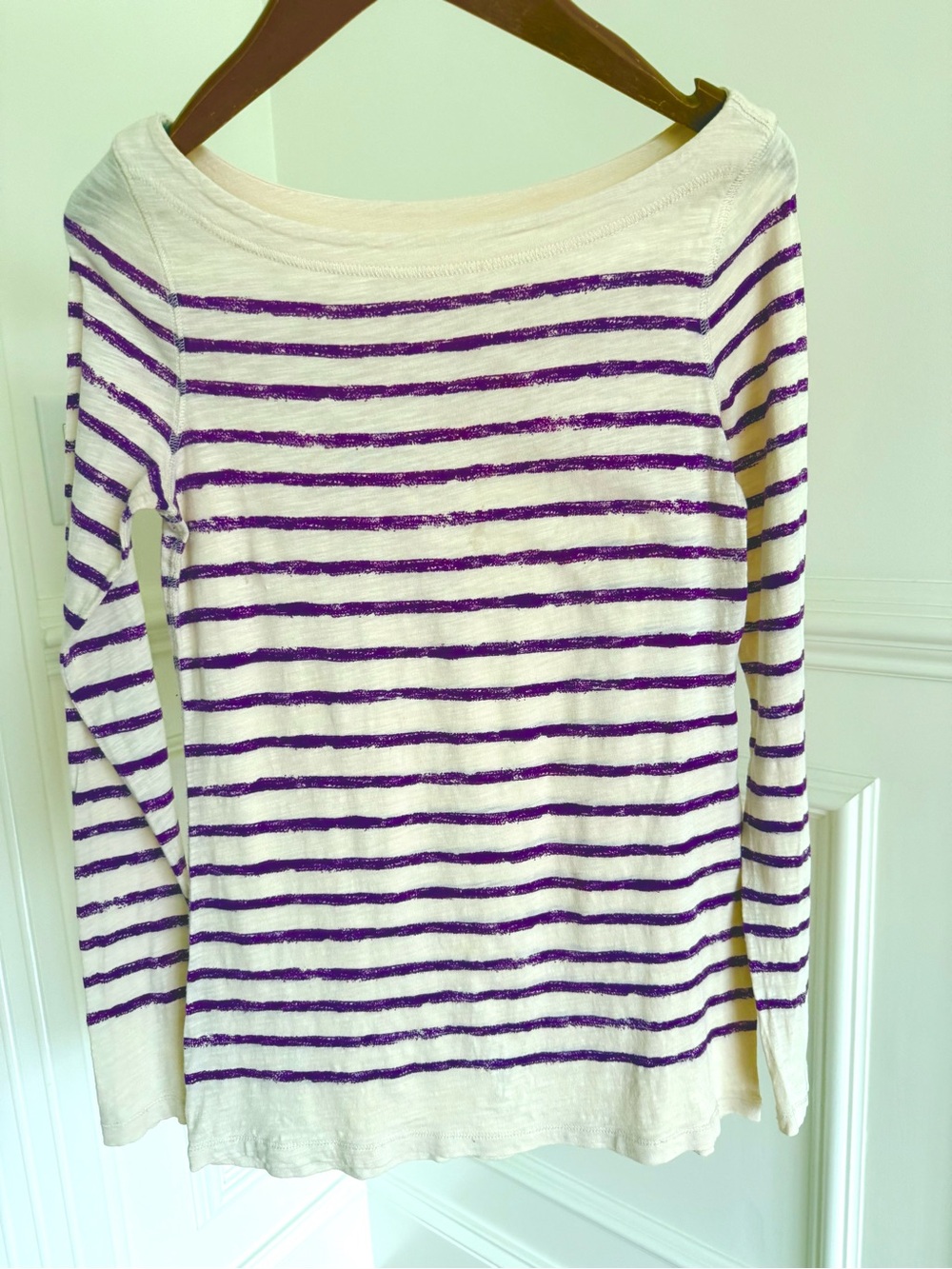 Ann Taylor LOFT Women Top Boatneck Long-Sleeve Top %100 Cotton Shirt Size XS